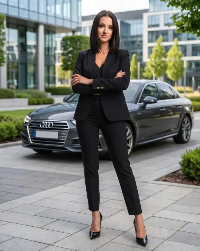 Loren, founder of LV Chauffeur Services, beside an executive sedan